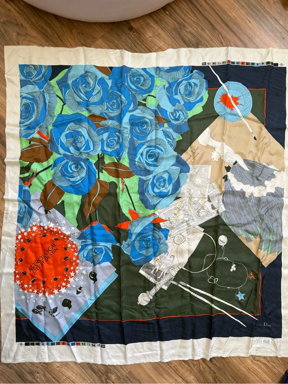 Dior Navy and Cream Silk Scarf with Orange Accent